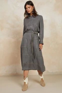 Belted Chambray Midi Skirt