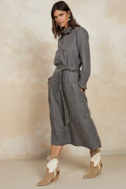 Belted Chambray Midi Skirt