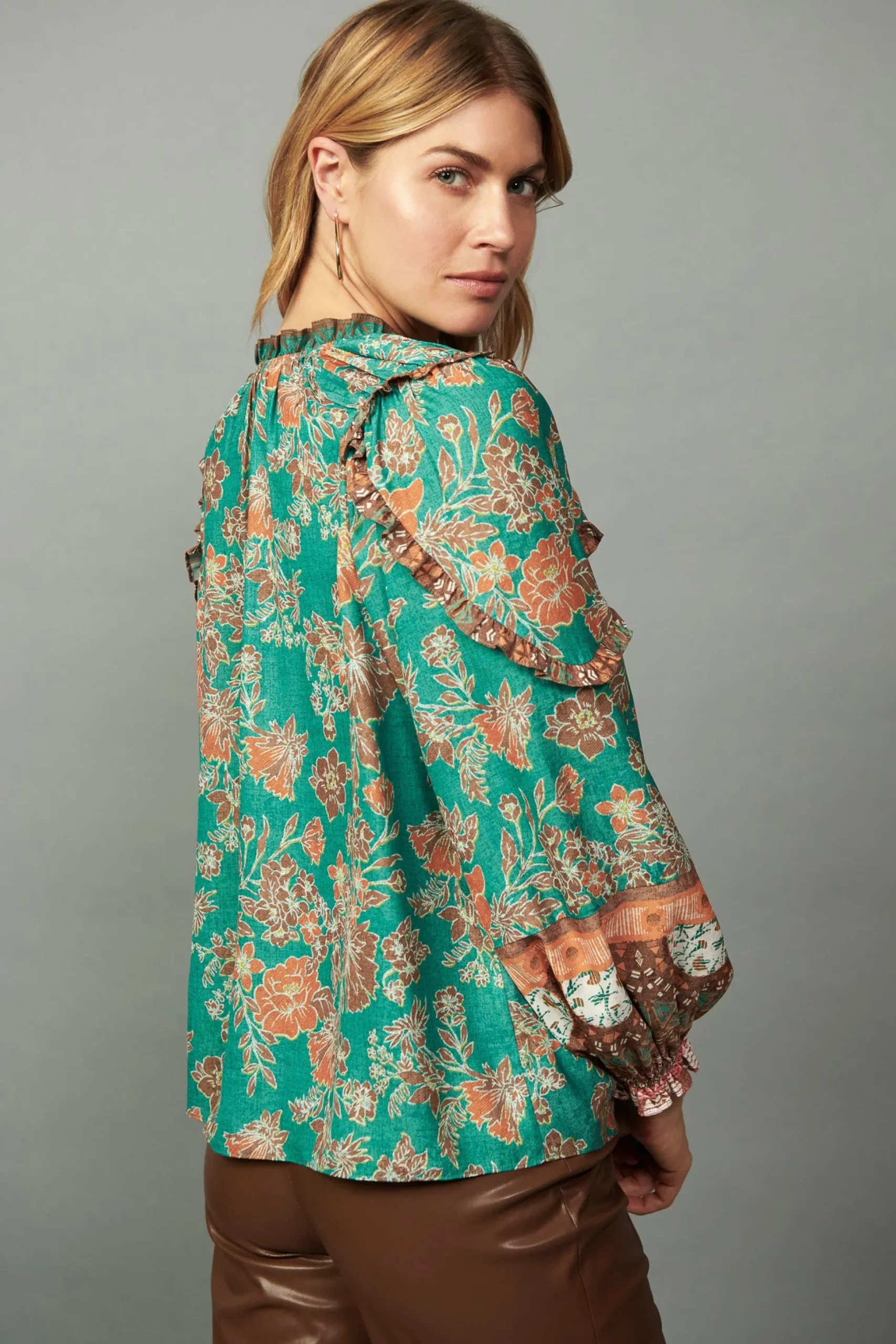 Border Ruffled Floral Blouse