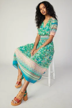 Bordered Floral Print Midi Dress