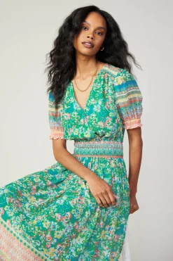 Bordered Floral Print Midi Dress