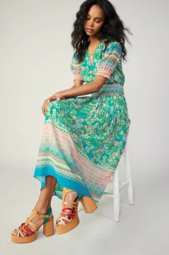 Bordered Floral Print Midi Dress