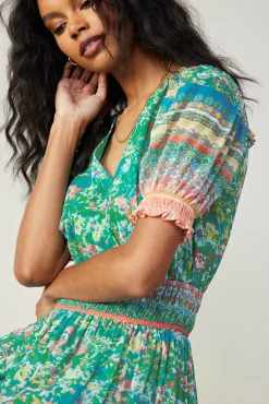 Bordered Floral Print Midi Dress