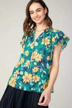 Botanical Print Eyelet Blouse