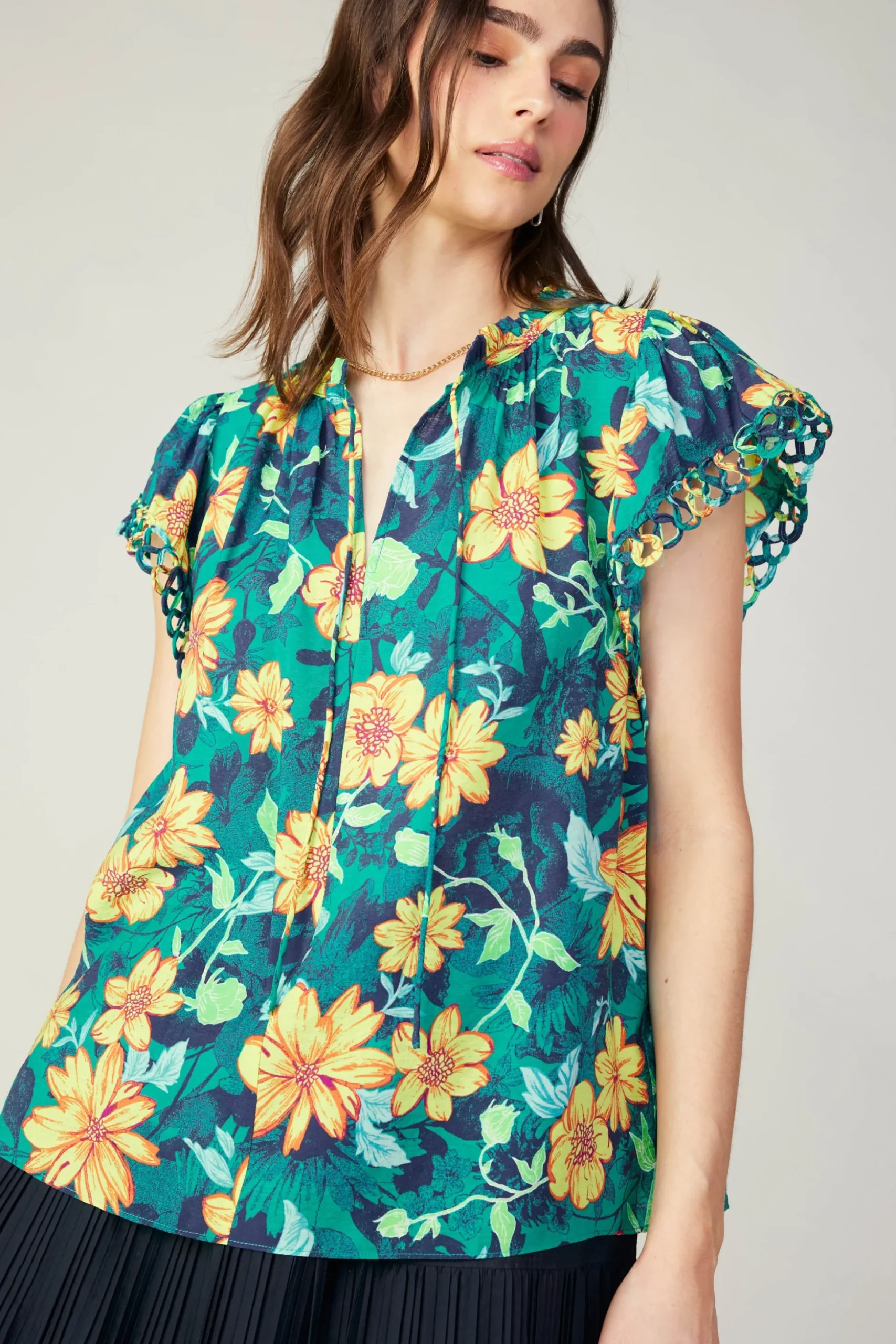 Botanical Print Eyelet Blouse