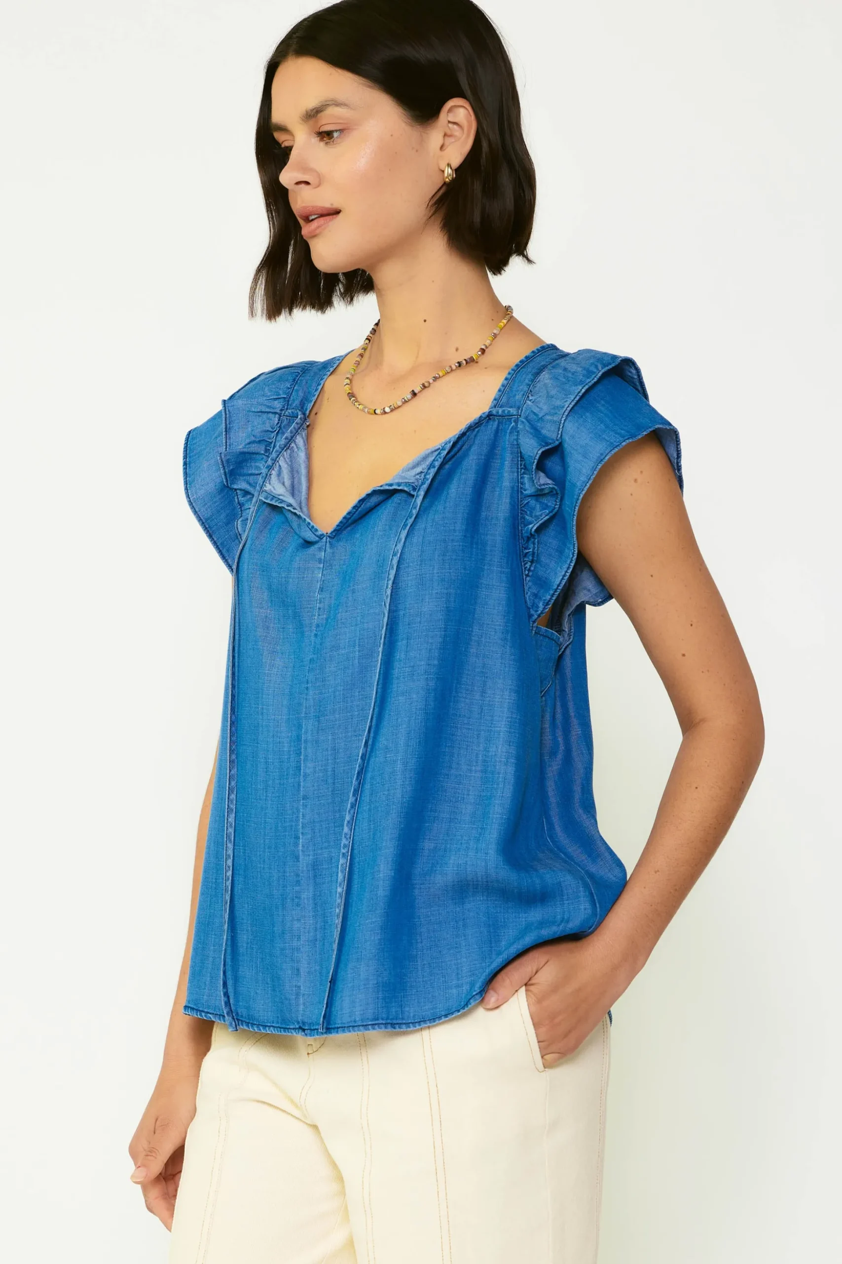 Chambray Back Cutout Top