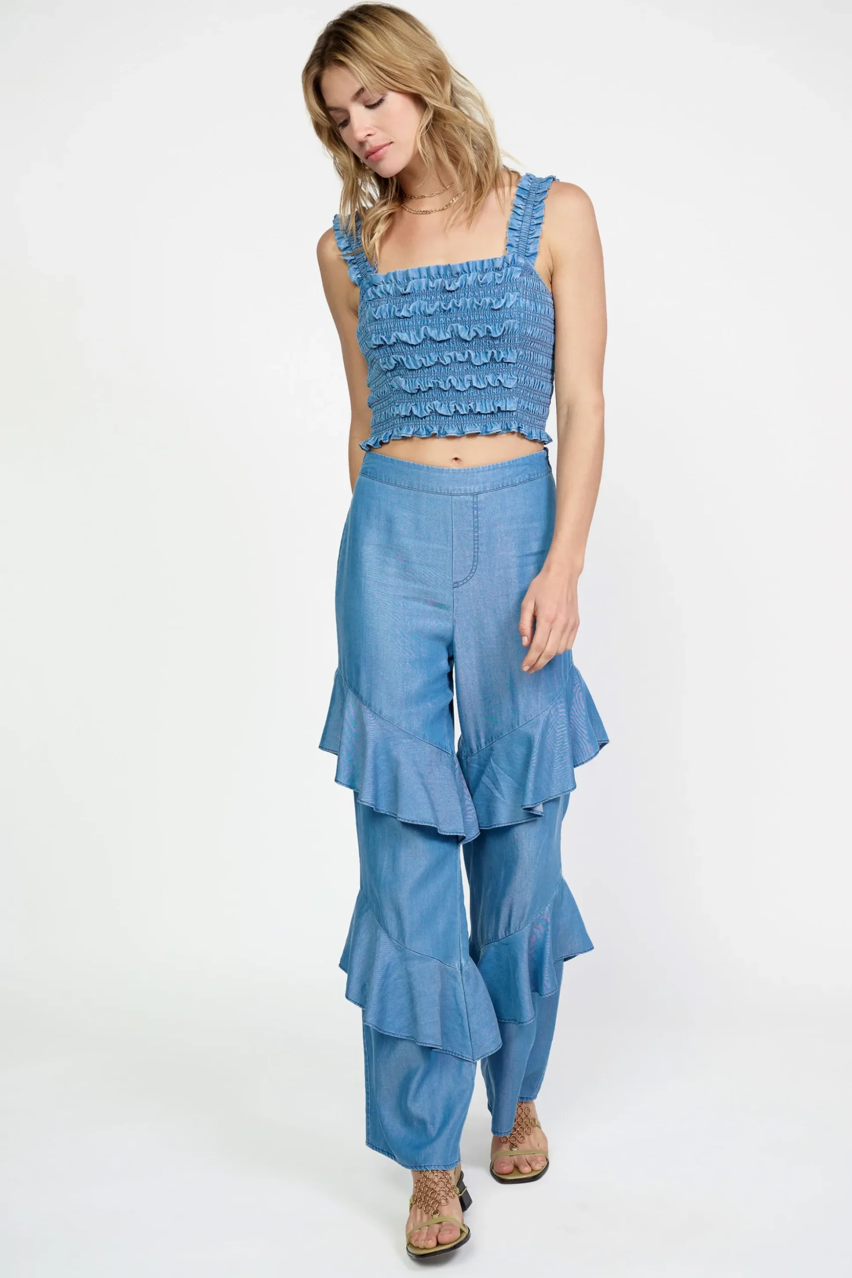Chambray Smocked Crop Top