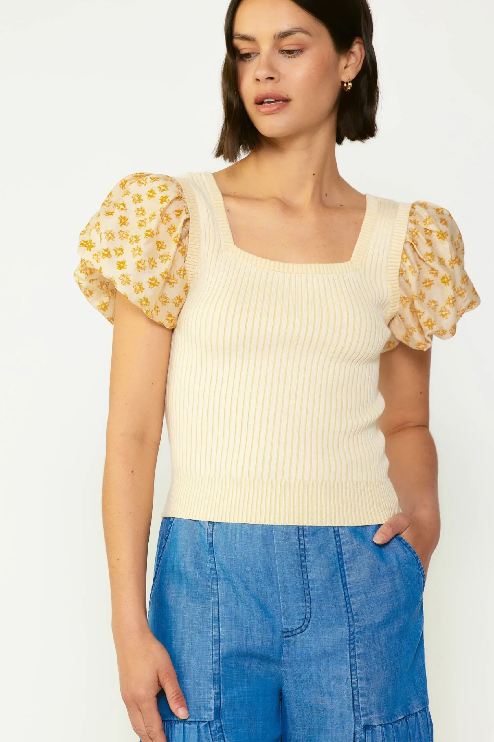 Constrast Puff Sleeve Sweater Top