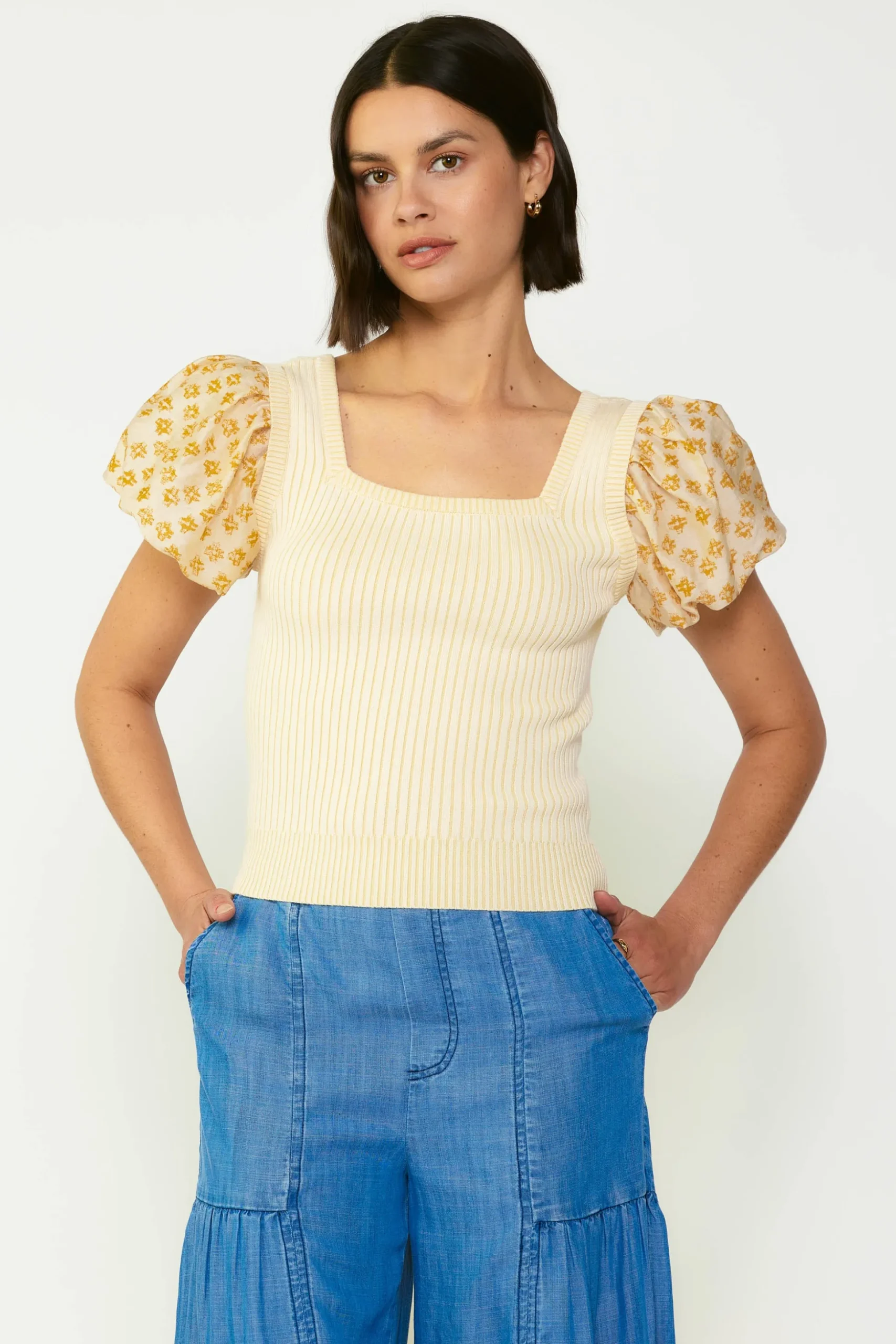 Constrast Puff Sleeve Sweater Top