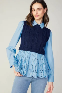 Contrast Knit Eyelet Top