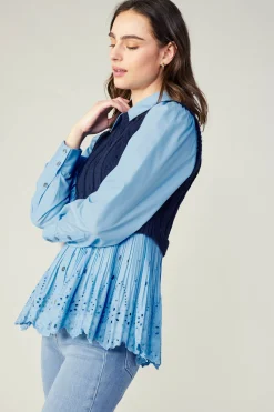 Contrast Knit Eyelet Top