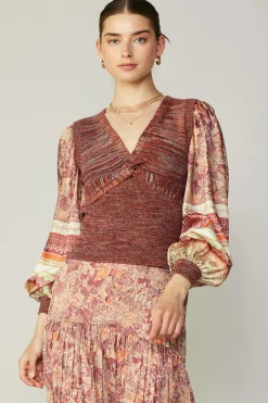 Contrast Sleeve Border Print Sweater