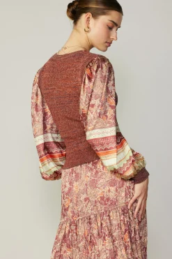 Contrast Sleeve Border Print Sweater