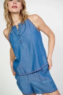 Contrast Trim Chambray Tank