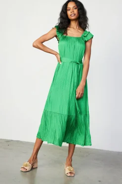 Crinkled Ruffled Shoulder Midi Dress