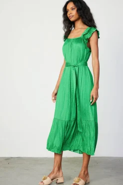 Crinkled Ruffled Shoulder Midi Dress