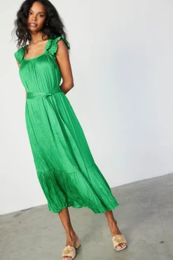 Crinkled Ruffled Shoulder Midi Dress