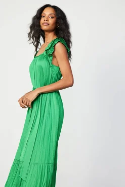 Crinkled Ruffled Shoulder Midi Dress