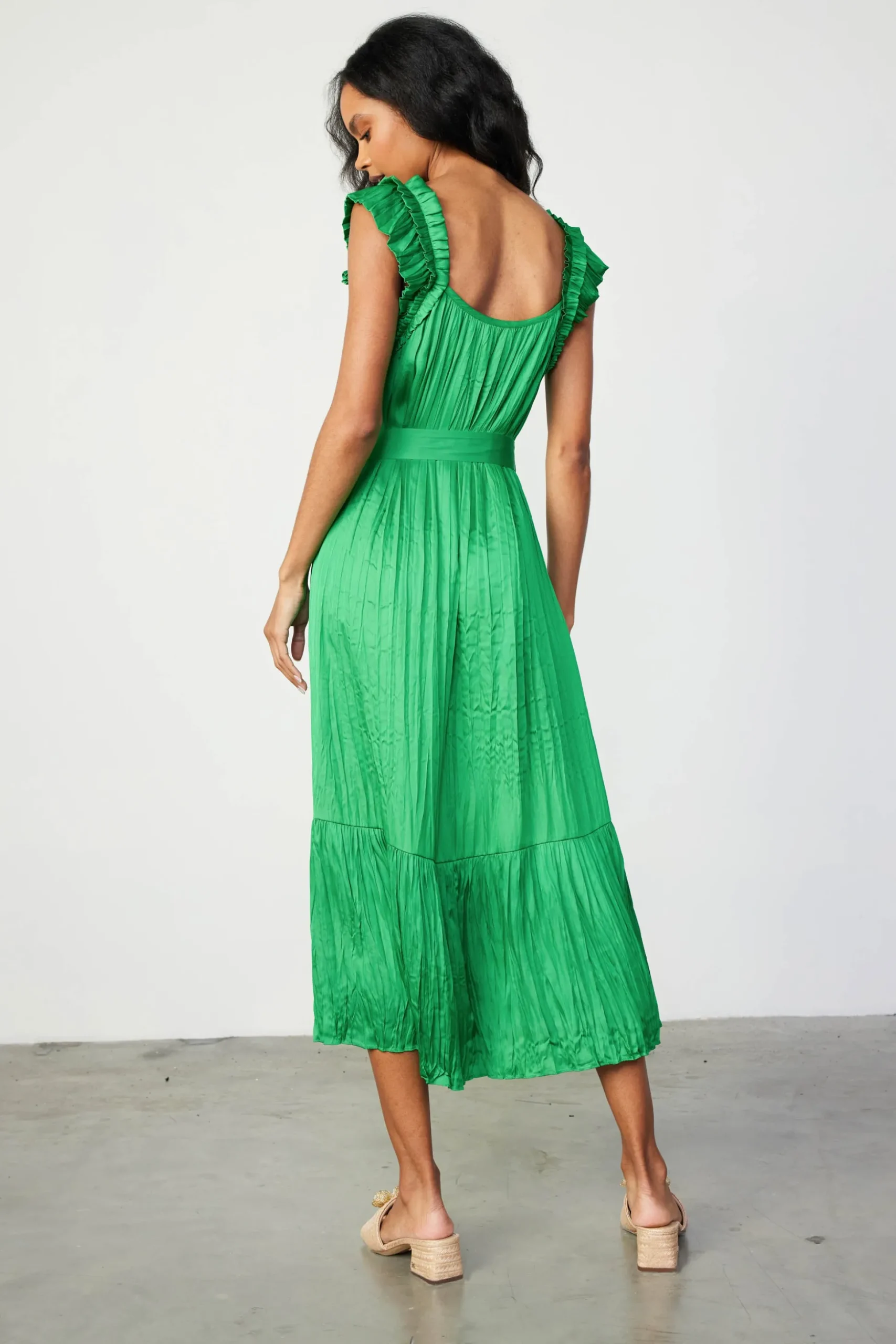 Crinkled Ruffled Shoulder Midi Dress