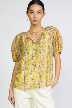 Floral Colorblock Split Neck Blouse