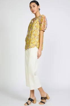 Floral Colorblock Split Neck Blouse