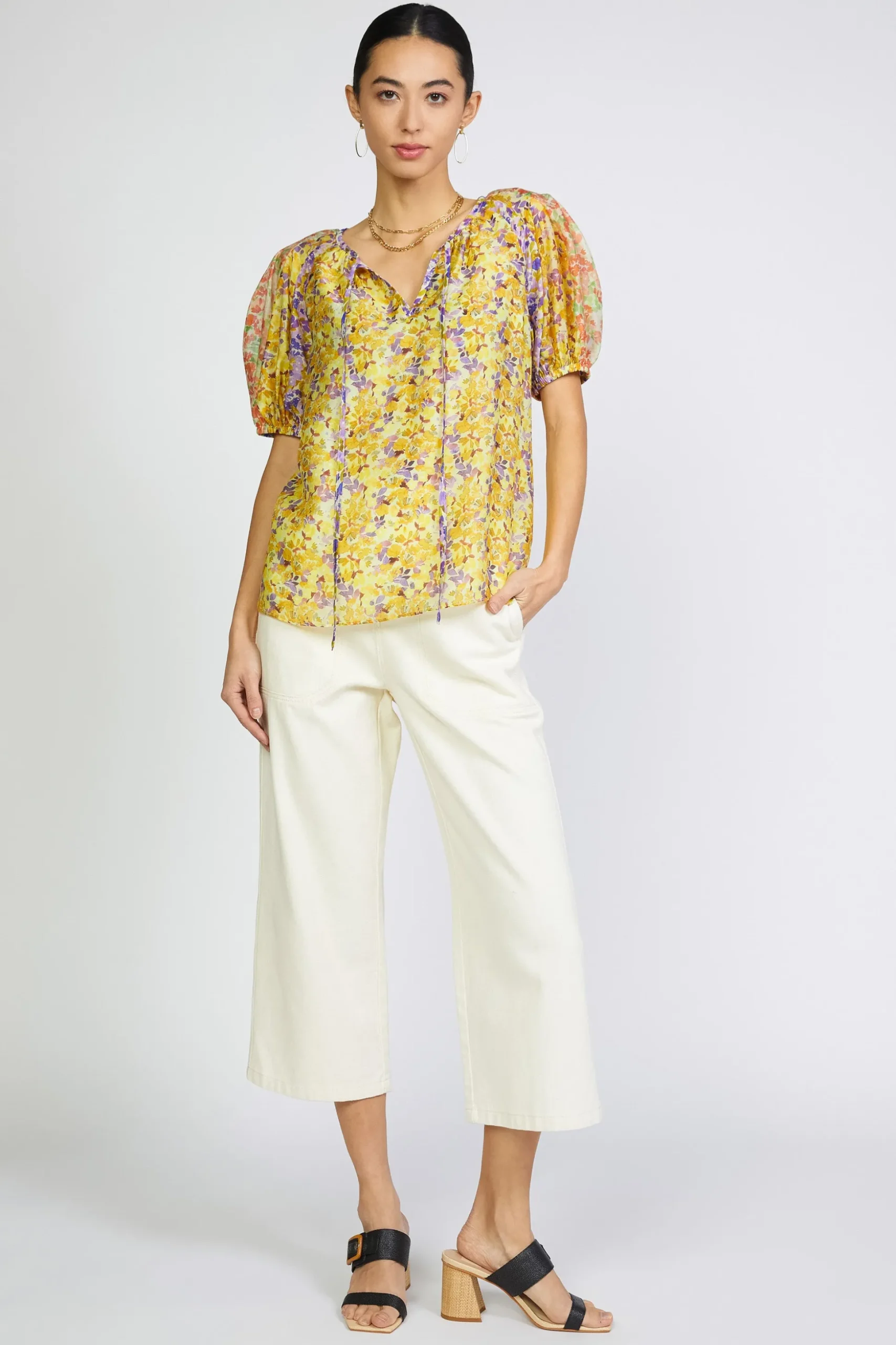 Floral Colorblock Split Neck Blouse