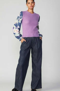 Floral Contrast Sleeve Sweater Top