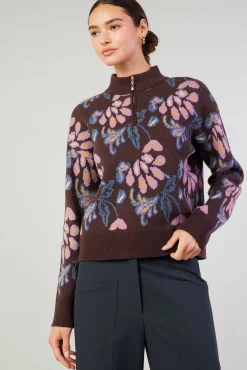 Floral Jacquard Zip Sweater