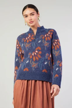 Floral Jacquard Zip Sweater