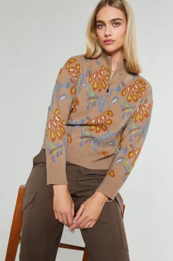 Floral Jacquard Zip Sweater