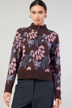 Floral Jacquard Zip Sweater