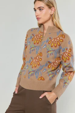 Floral Jacquard Zip Sweater