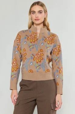 Floral Jacquard Zip Sweater