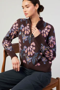 Floral Jacquard Zip Sweater