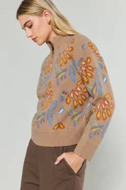 Floral Jacquard Zip Sweater
