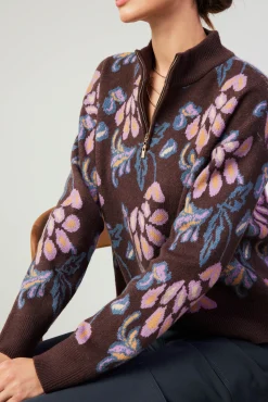 Floral Jacquard Zip Sweater