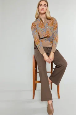 Floral Jacquard Zip Sweater