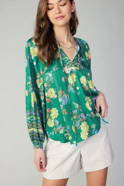 Floral Motif Tieneck Blouse