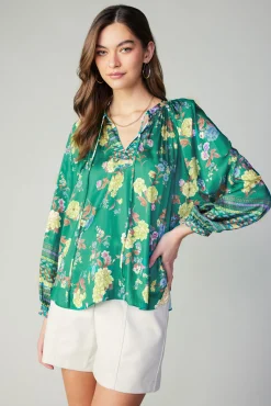 Floral Motif Tieneck Blouse