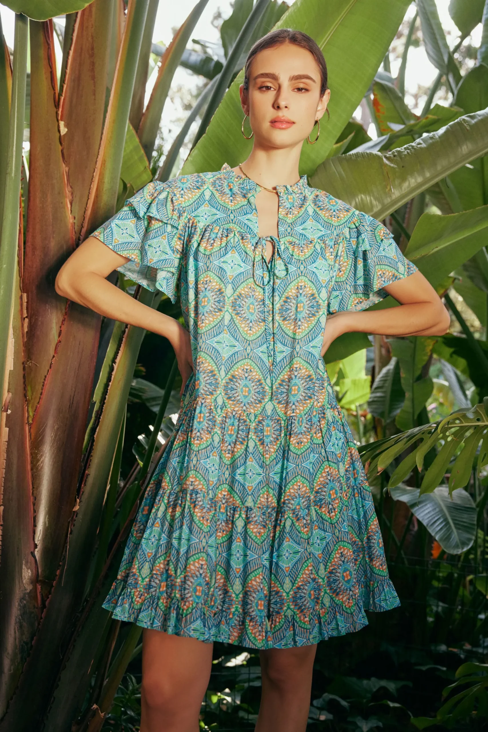 Flutter Sleeve Geo Print Dress