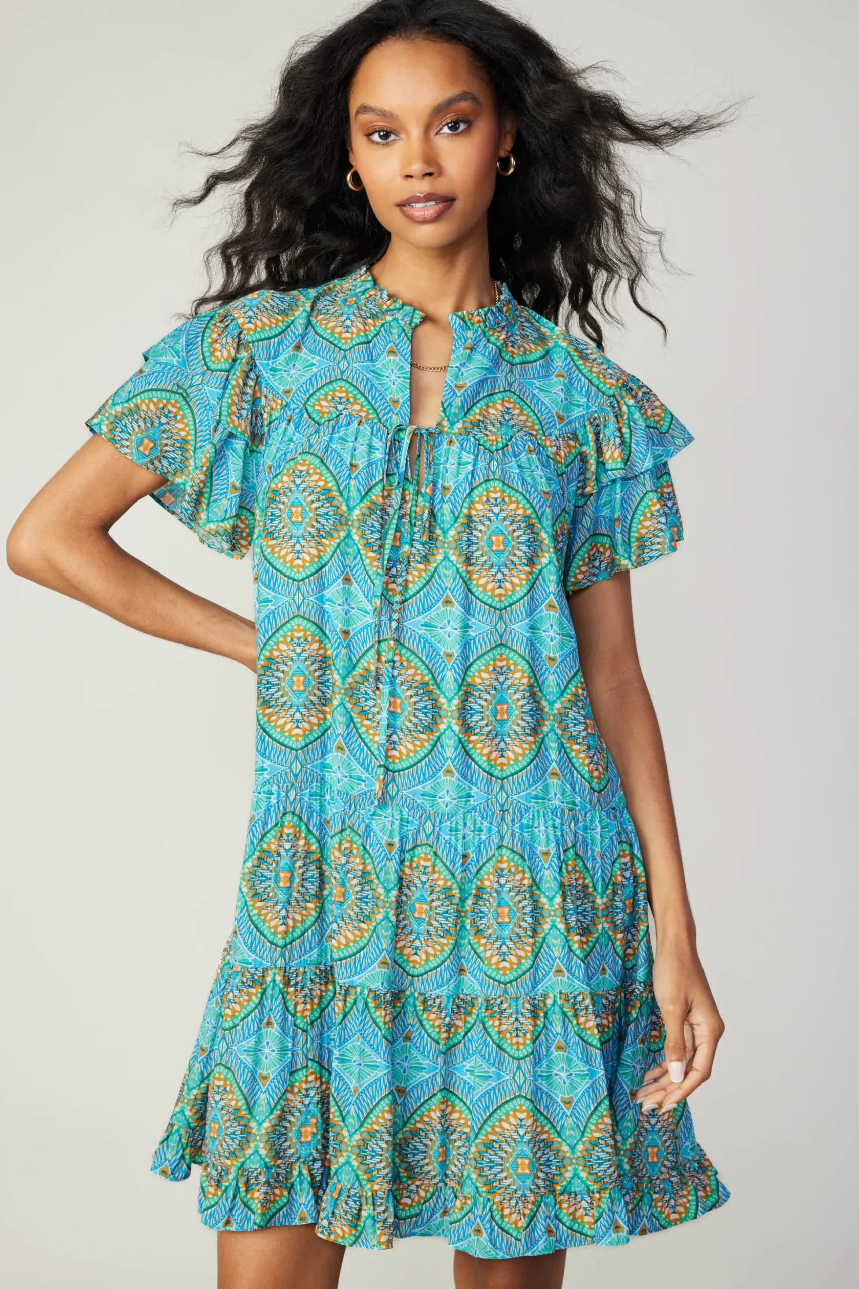 Flutter Sleeve Geo Print Dress