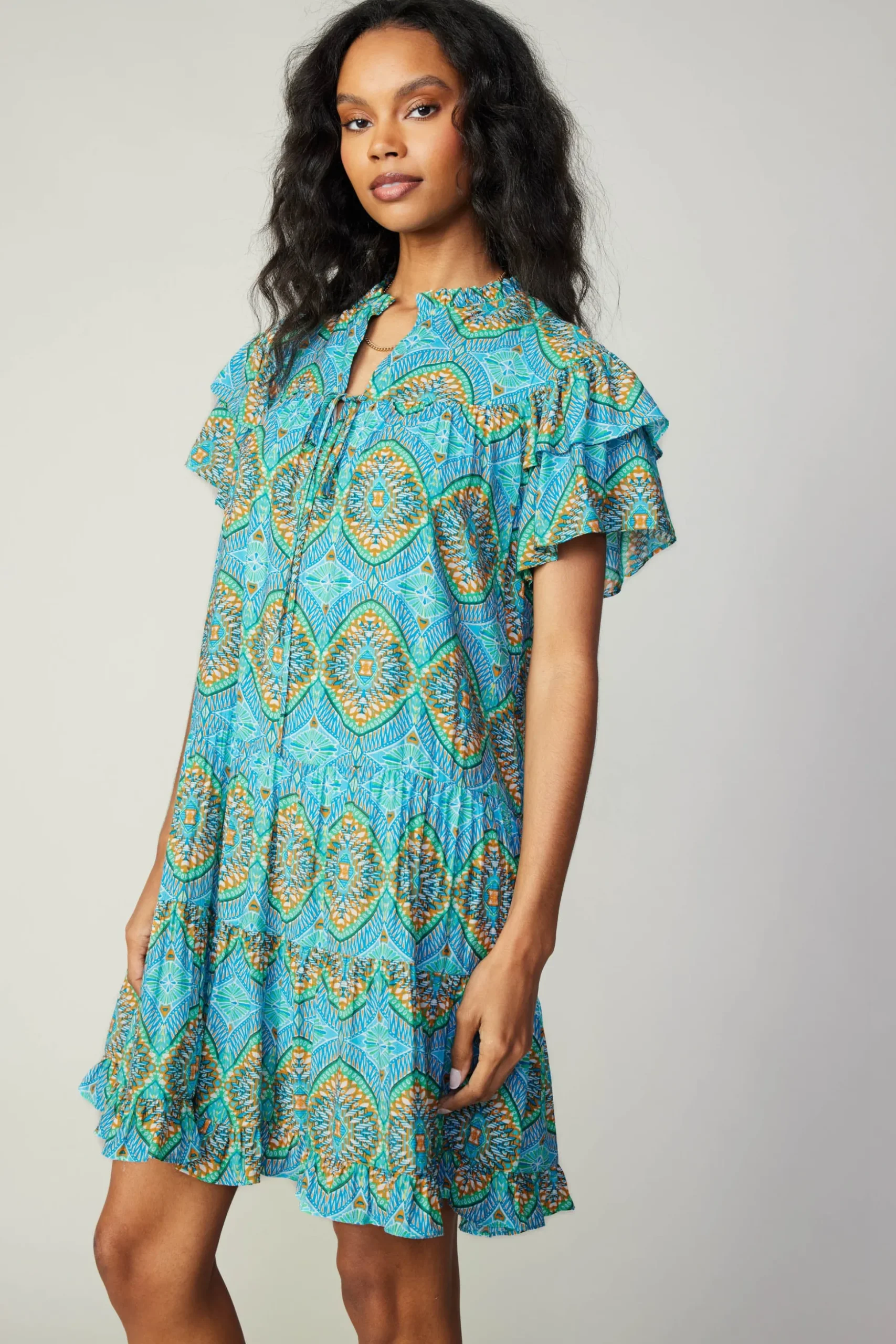 Flutter Sleeve Geo Print Dress