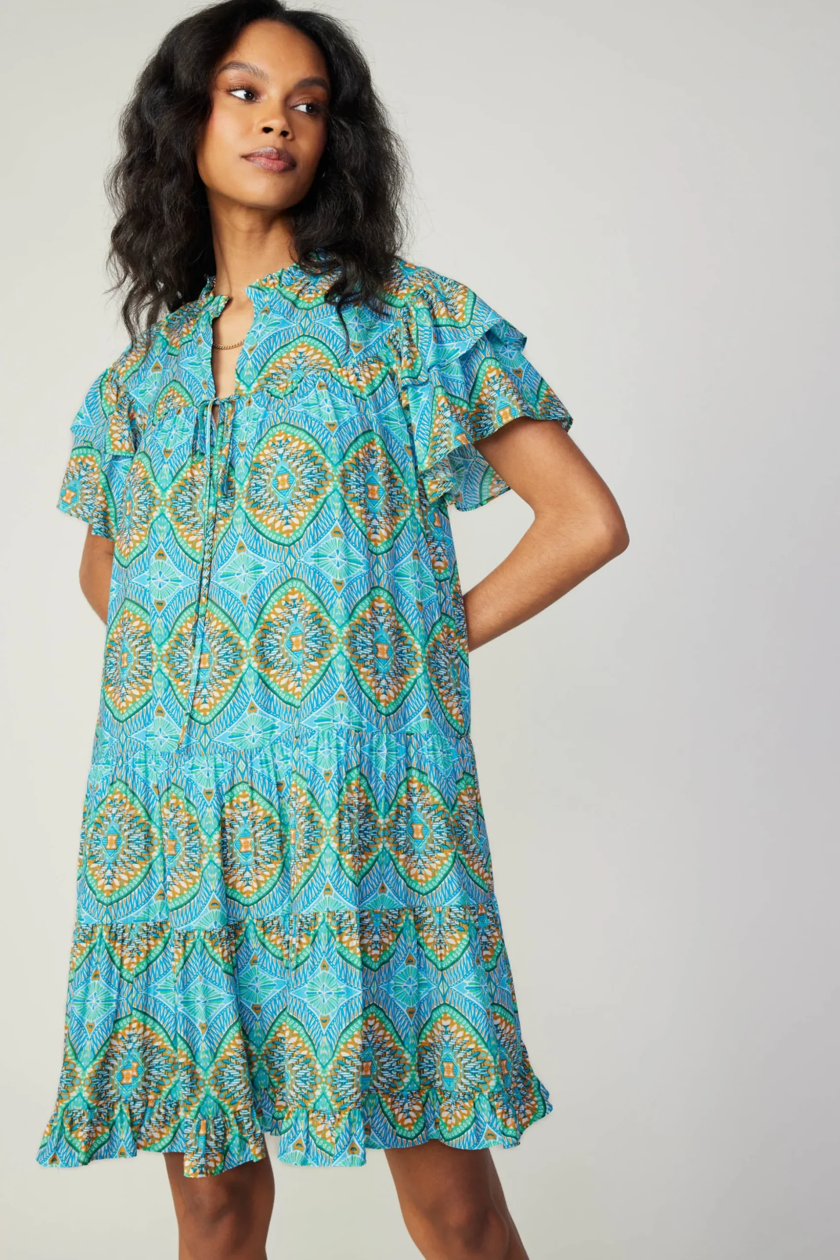 Flutter Sleeve Geo Print Dress