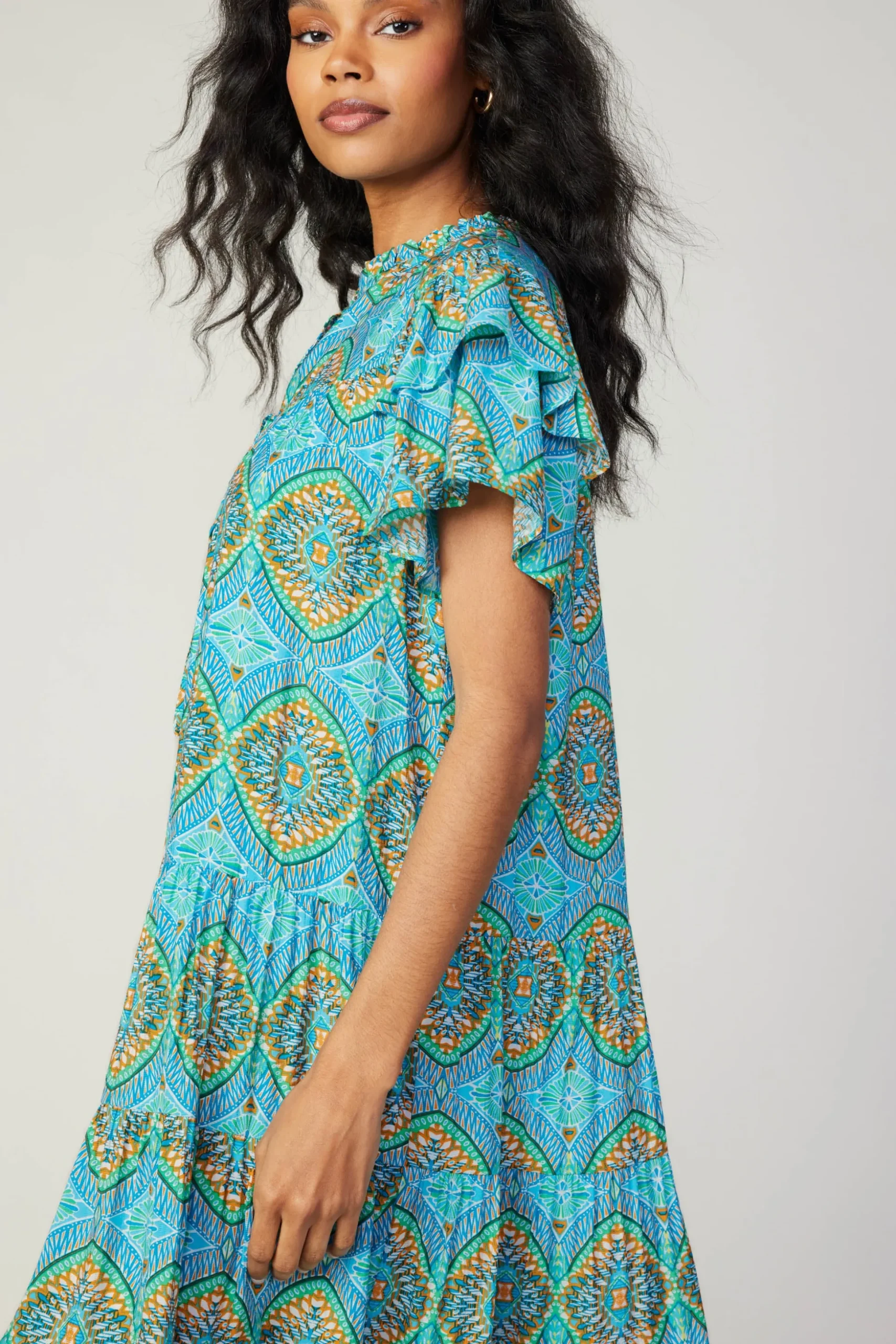 Flutter Sleeve Geo Print Dress