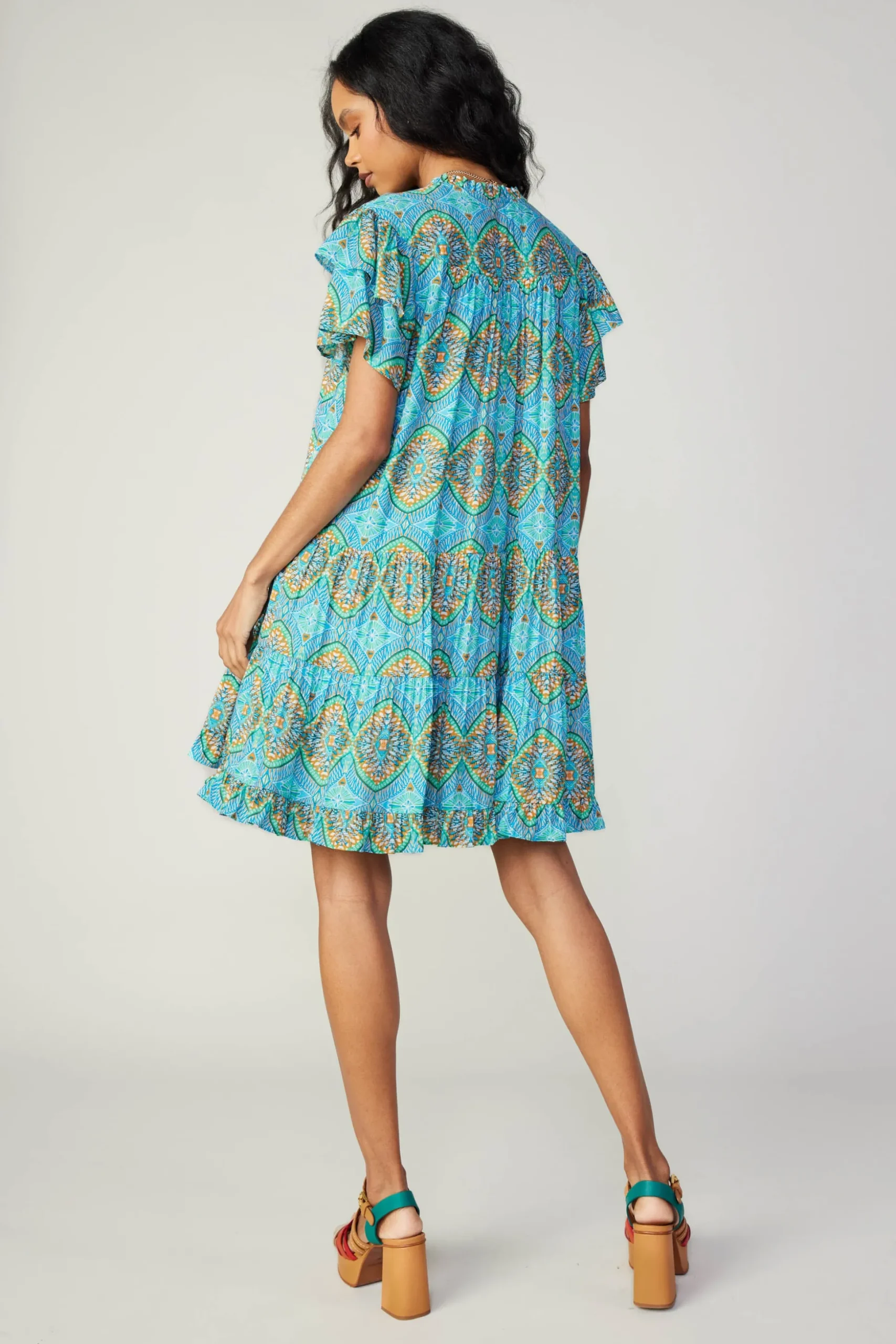 Flutter Sleeve Geo Print Dress