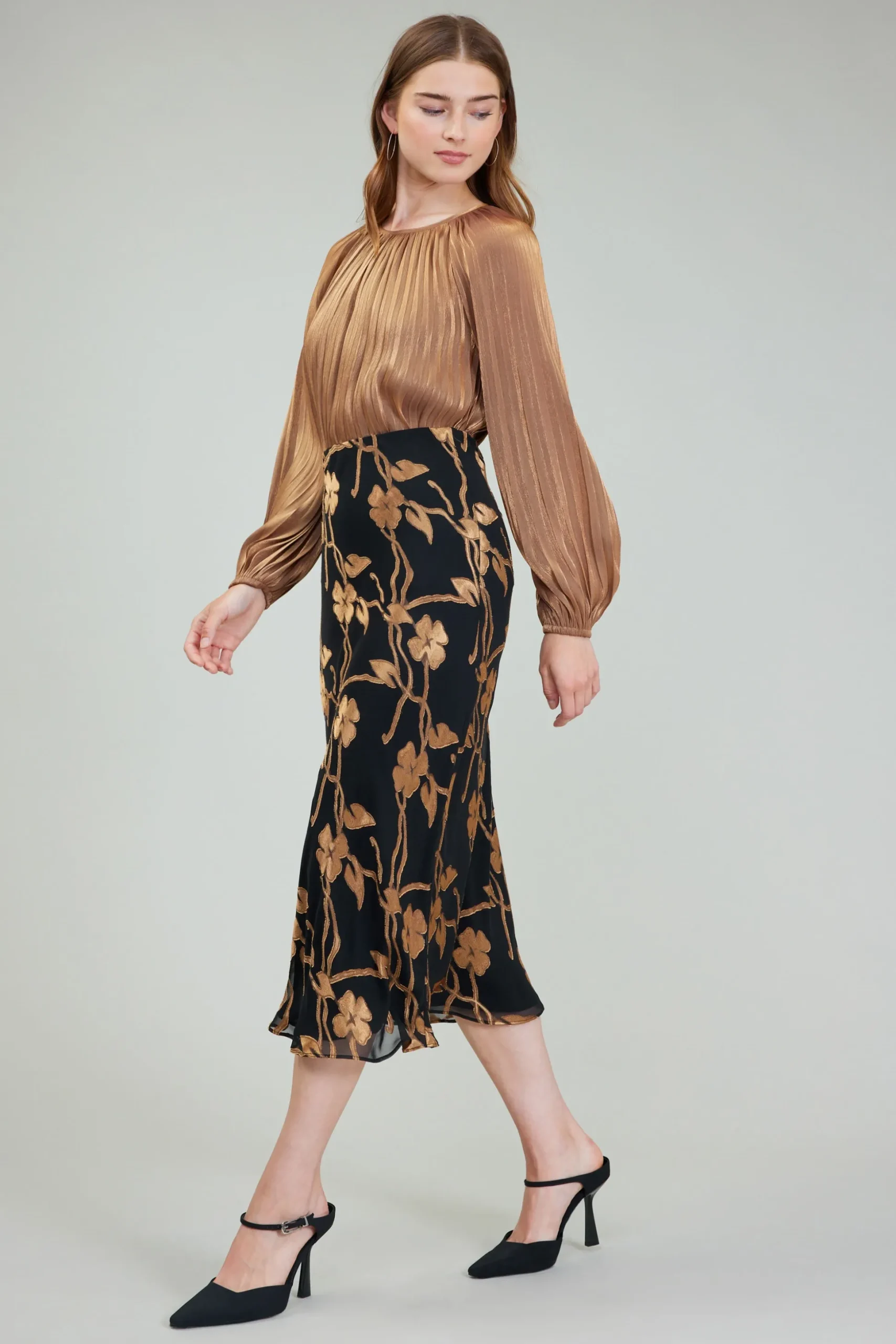 Gold Floral Midi Skirt
