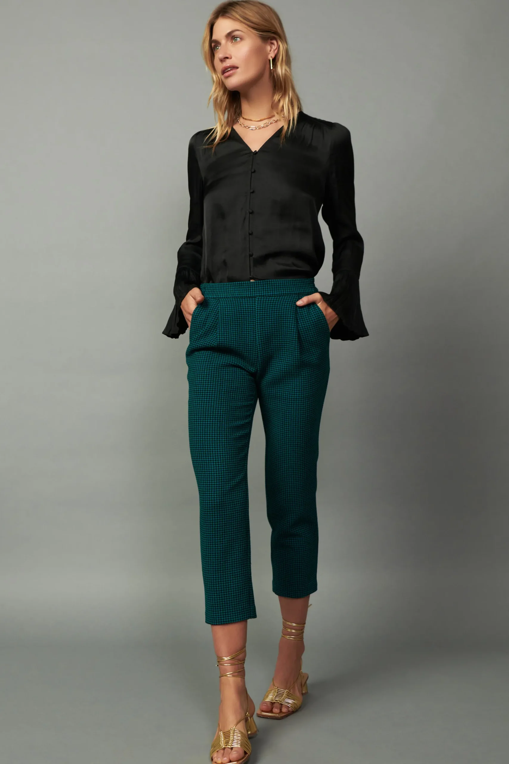 Houndstooth Patterned Straight Pants