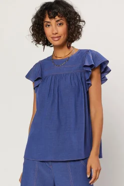 Indigo Ruffled Sleeve Top