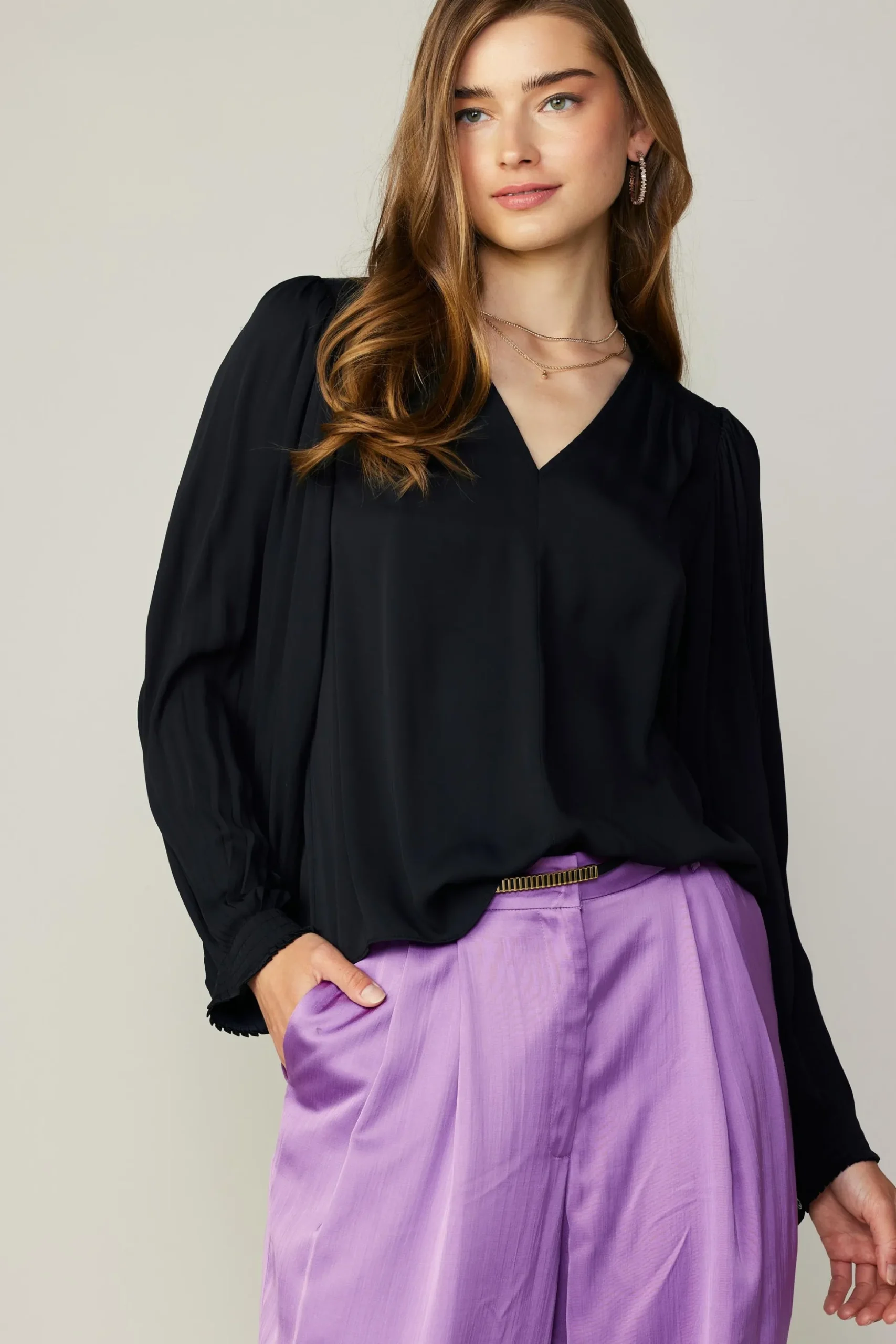 Long Pleated Sleeve Blouse