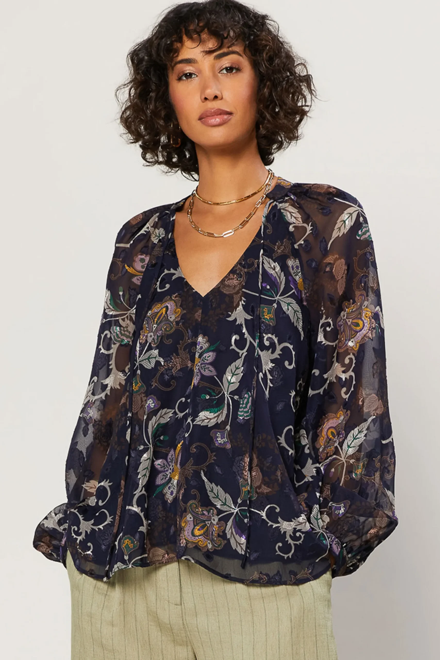 Navy Floral Long Sleeve Top